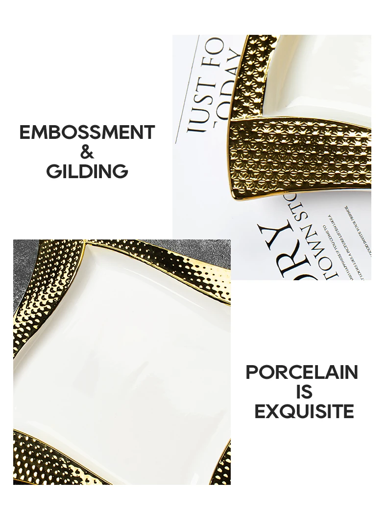Wholesale Modern Luxury Ceramic Plates With Gold Rim And Embossed Gold