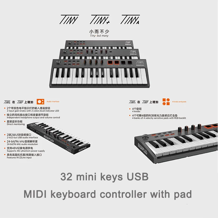 Midiplus Tiny+ 32-Key Portable MIDI Keyboard Controller with Pad