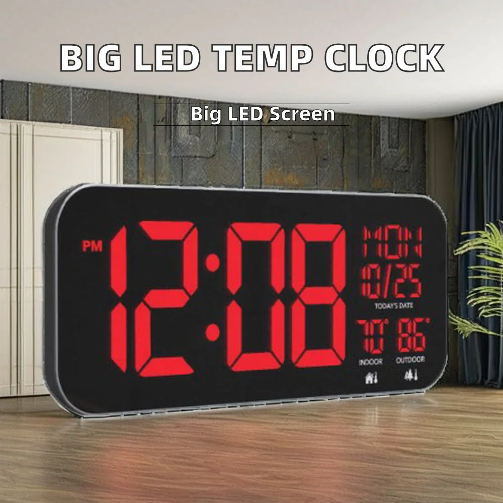 Digital Clock LED Simple  Square Big Size  Color Display Indoor Outdoor Temperature Wall Clock