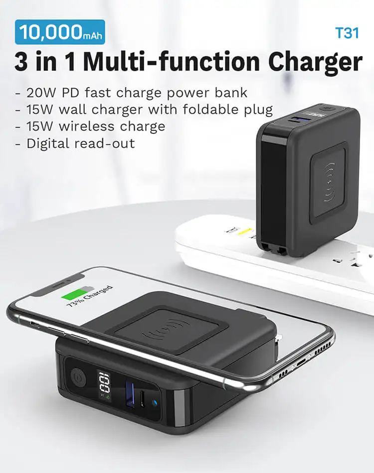 Portable 10,000mAh External Battery Pack 3 in 1 Wireless Power Banks with Dual USB Port Fast Wall Charger, Foldable AC Plug PD Quick Charger USB Type-C Wall Charger Adapter for iPhone Fast Charge
