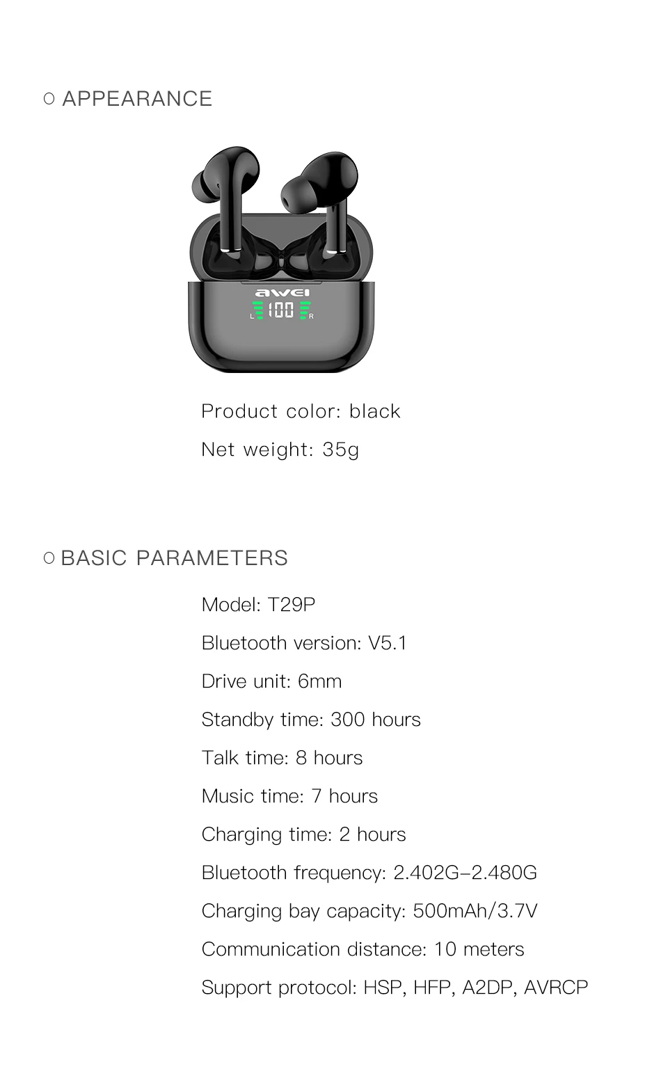2021 Newest Awei T29p Bluetooth In-ear 