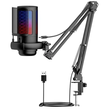 USB RGB Light Microphone for Gaming Computer Accessories Microphone for Laptop with Tripod Stand Pop Filter for Recording Voice