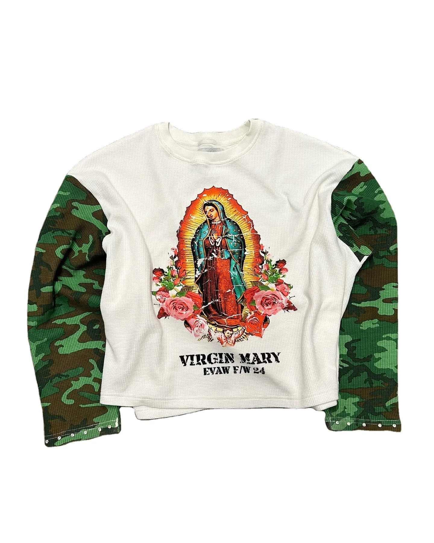 For Salati Manufacturer Men's T-Shirts Custom Sweatshirt Oversize Camo Waffle Knit Full Long Sleeve Rhinestone Printed Crop gallery 4