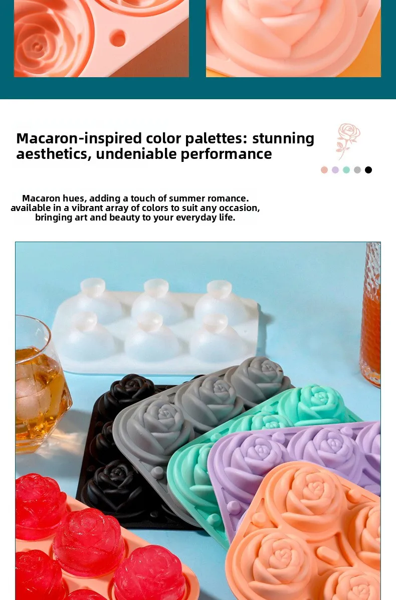 Food Grade Silicone 6 Grid Rose Ice Grid Leak-Proof Whiskey Ice Mold with Buckle Ice Cream Tools manufacture