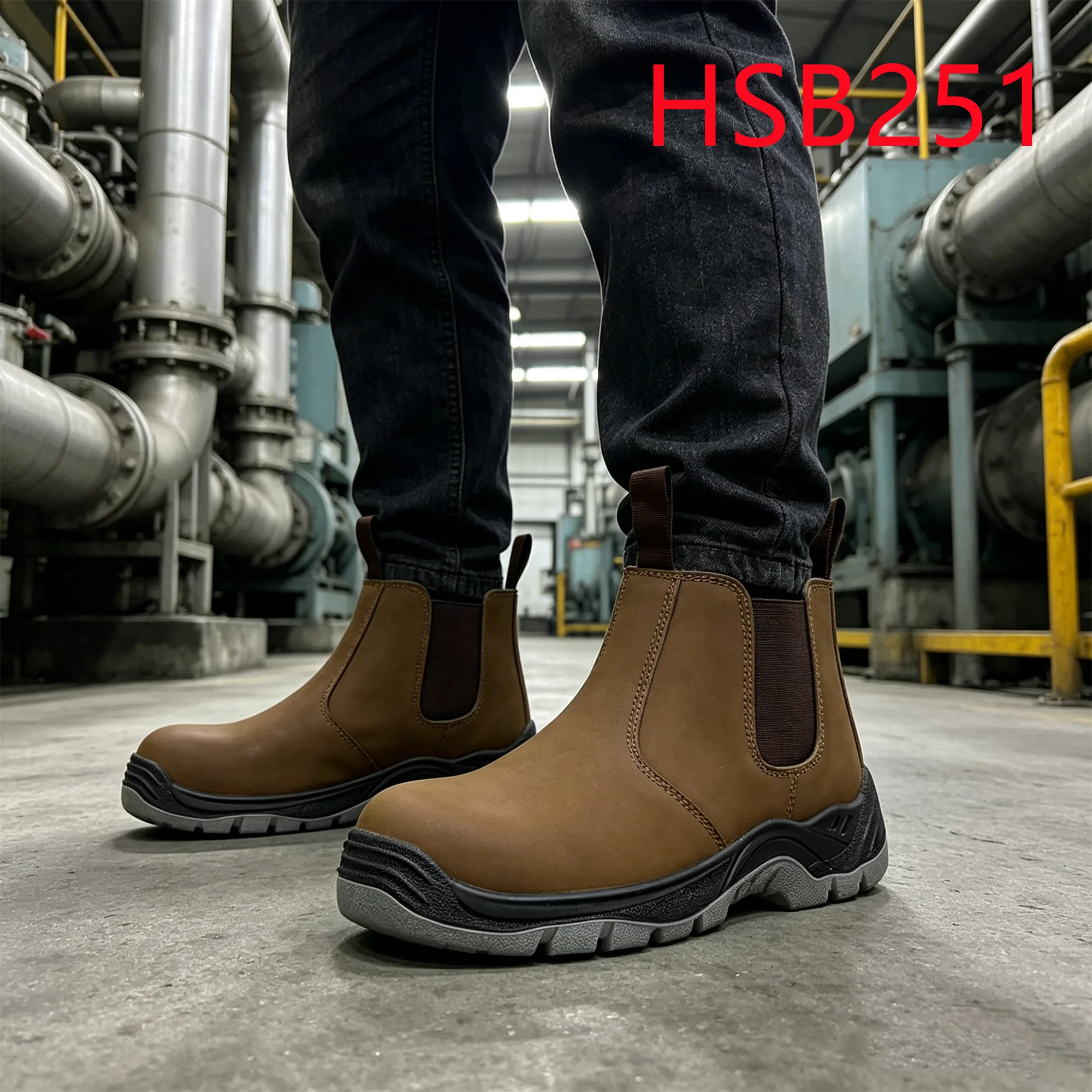 HY, Bridge Building Nubuck Leather Itim/Kahel na S3 Standard na Sapatos na Panseguridad para sa Lalaki na may Bakal na Paa ng Sapatos para sa Produksyon ng Makina, Work Boots HSB251