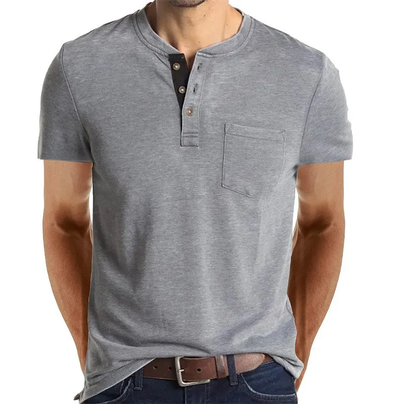 2023 Summer new button men's short sleeve t-shirt solid color loose collar polyester t shirt261_voghion.com