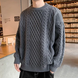 Solid-color Crew-Neck Knitted Men's Sweater-Autumn/Winter Suitable Loose-Knit Design Versatile for Various Occasions