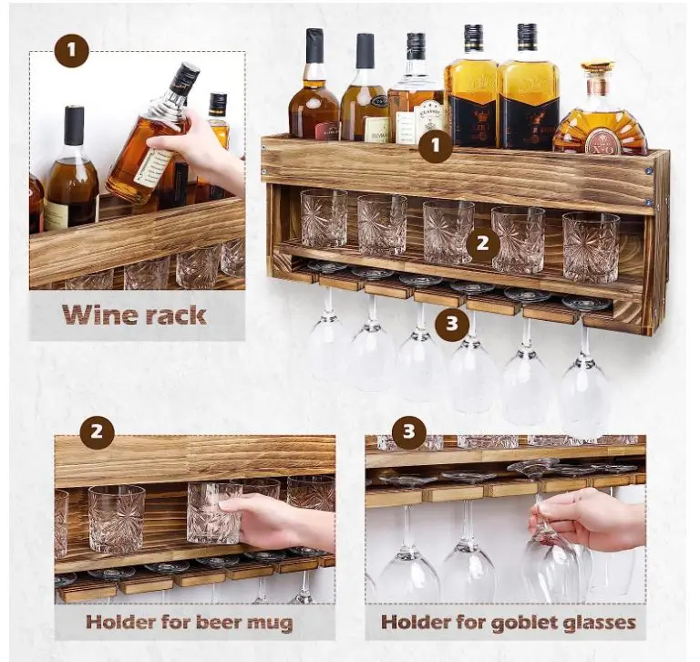 Custom Wine Rack Wall Mounted Wood Shelf with Bottle Holders