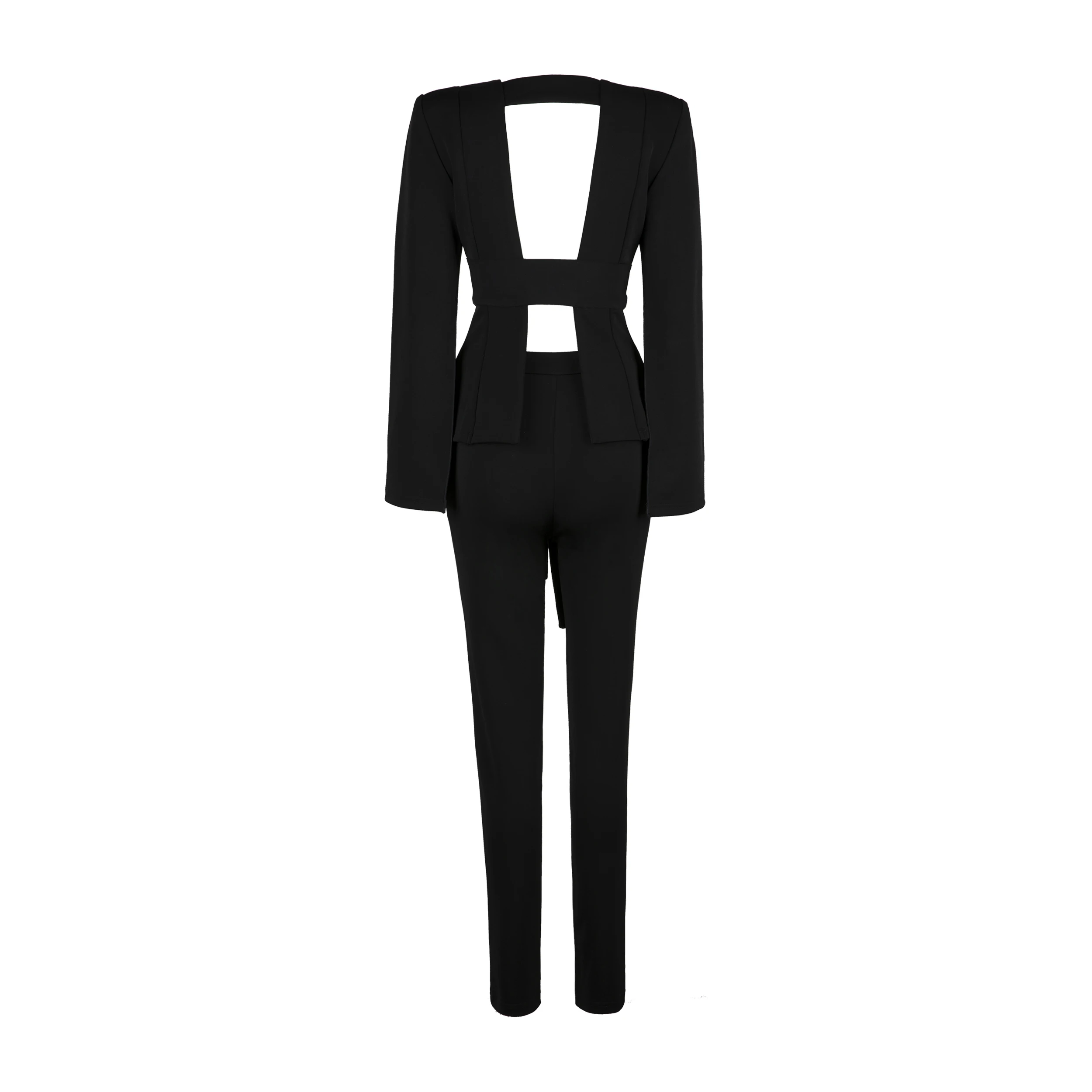 Fashion Celebrity New Style Women Solid Sexy Party Hollow Out 2 Piece Suit  Backless Split Blazer Suit With Belt