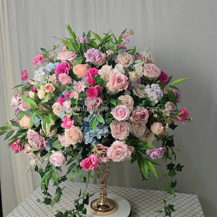 Custom Pink Rose Realistic Flower Ball 40cm Wedding Table Centerpieces