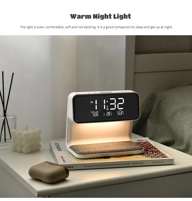 Amouhom Lámpara de mesa, lámpara táctil de 18 W, reloj despertador con  carga inalámbrica, luz digital Sonic 10 W Max Qi cargador de mesita de  noche