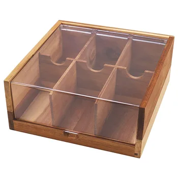 Acacia Wood Tea Bag Organizer Storage, 6 Compartments wood tea box with Acrylic Transparent Hinged Lid