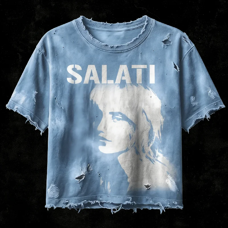 Custom 100% Cotton Cropped Tee Raw Hem Drop Shoulder DTG Printing Rhinestone Acid Wash Sun Faded Distressed Crop T Shirt gallery 3