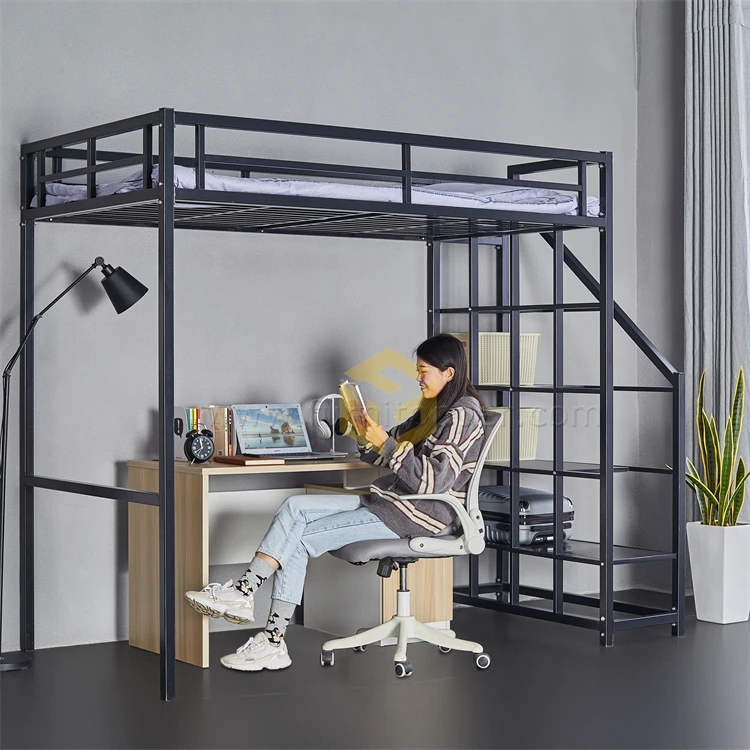 Bedroom Dorm Furniture Black Metal Loft Bed Frame With Stairway Shelf Full Size Steel Bunk Bed for Adult and Kids