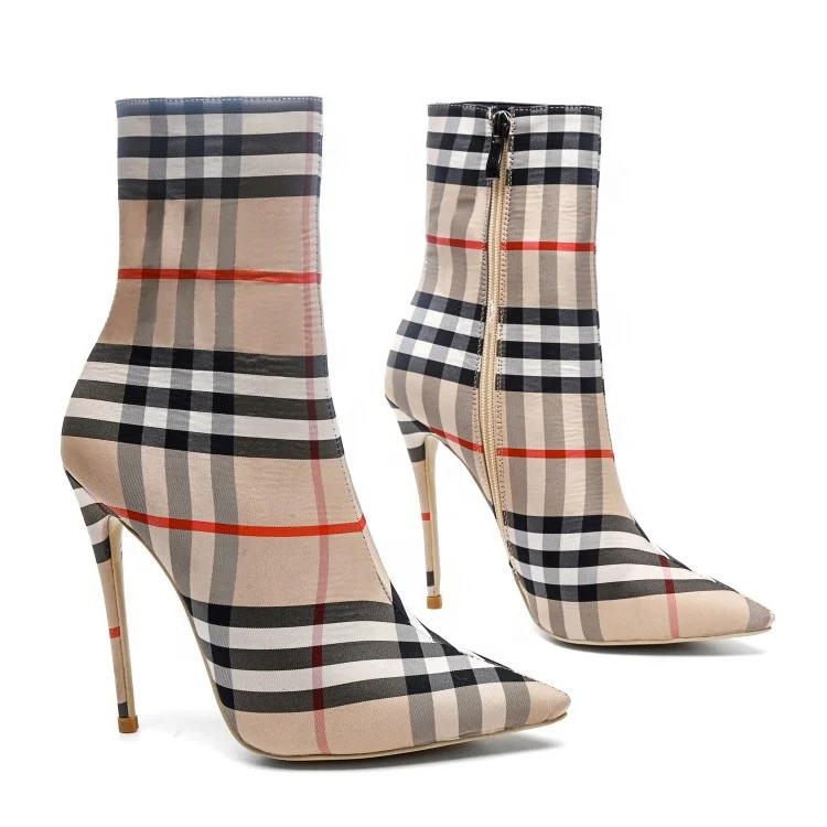 BIGTREE 2022 Winter Ankle Women Boots Fashion Slim Heel High Heel Pointed  Plaid Plaid Lace up Fashion Cross Strapping Boots - AliExpress