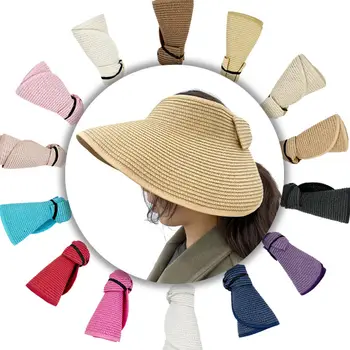 Women 2023 New Summer Packable Hat Custom Logo Wide Brim Sun Hats Adjustable Topless Beach Sun Visors Foldable Straw Hat