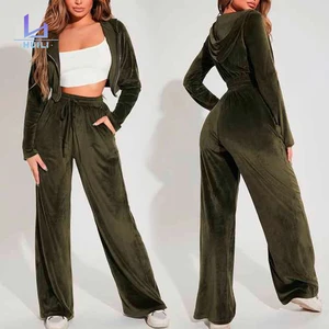 Huilil Custom Logo Women's High Quality Velour Zip-Up Crop Hooded Top Jacket Y2K Two-Piece Set Short Velvet Tracksuit