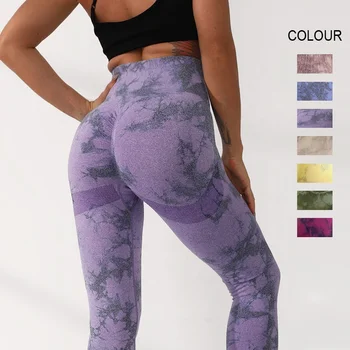 Women High Waist Yoga Pants Ruched Hip Workout Tie Dye Compression Seamless Leggings Scrunch Butt Lifting Elastic Tights
