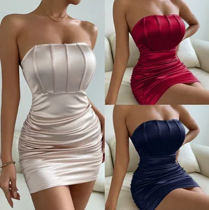 Polka-dot Pleated Halterneck Wrap Hip Skirt Arrivals Tube Top Fish Bone Slim High Waist Dress Solid Color Sexy Bodycon Dresses
