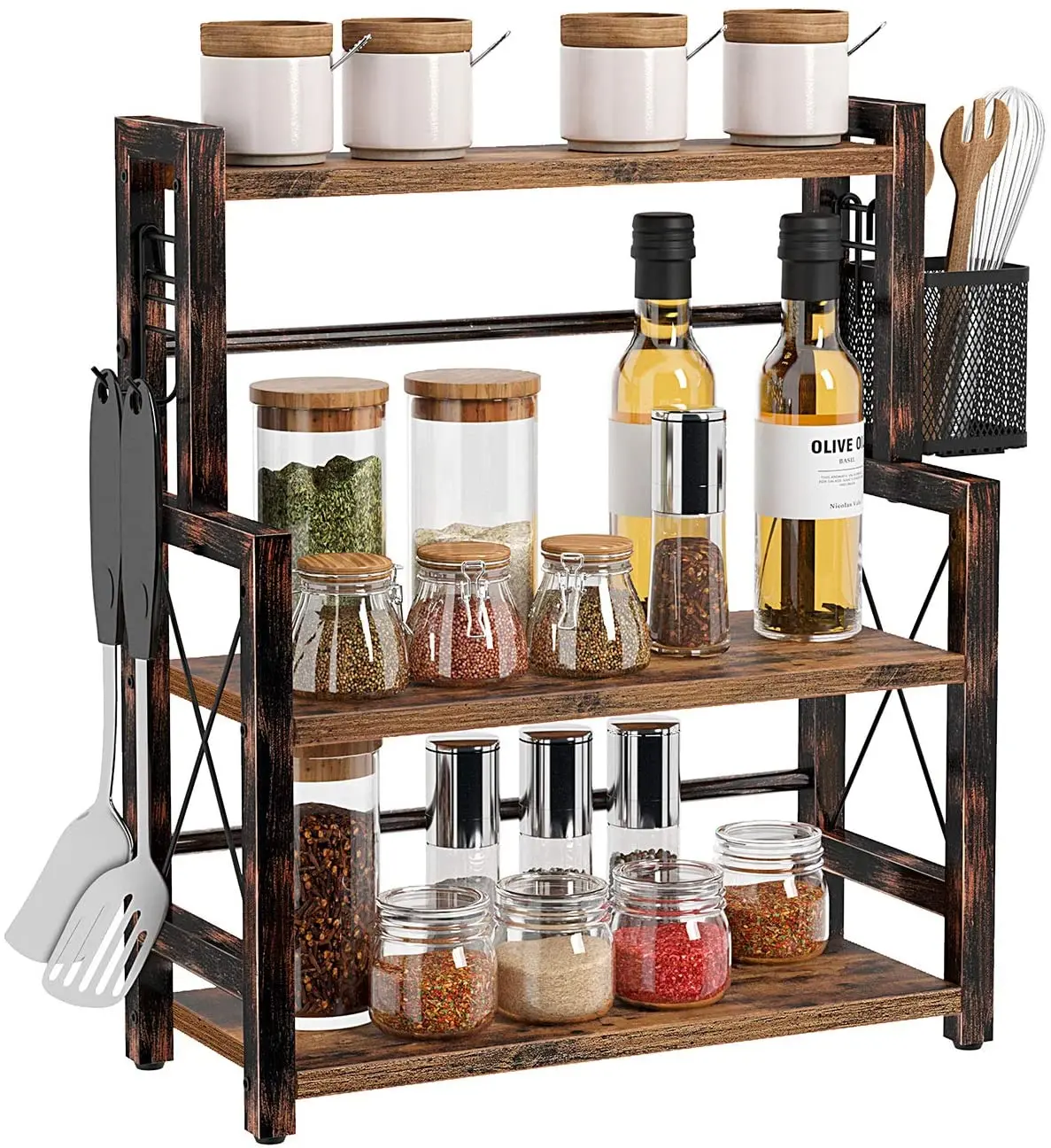 Rustic 3 Tier Standing Wood Spice Rack Bathroom Countertop Container