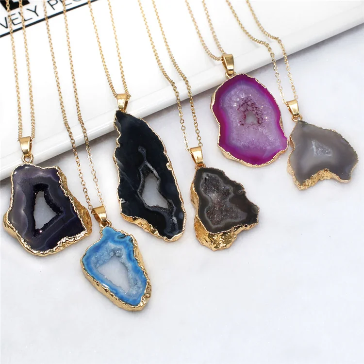 Natural Geode Stone Pendant Necklace 
