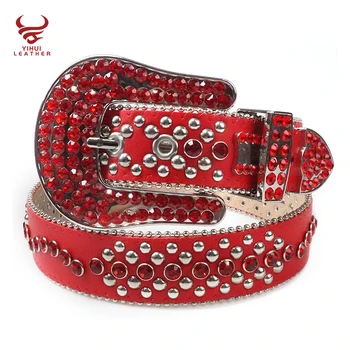 Manufacture New Designer Red PU Belts Men Shiny Studded Diamond Crystal DNA Stone Belt BB Simon
