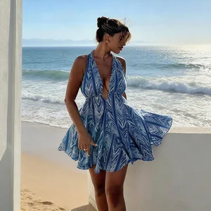 Summer Vacation Style Hot Girl Sexy Backless Printed Neck-wrap Beach Dress for Women
