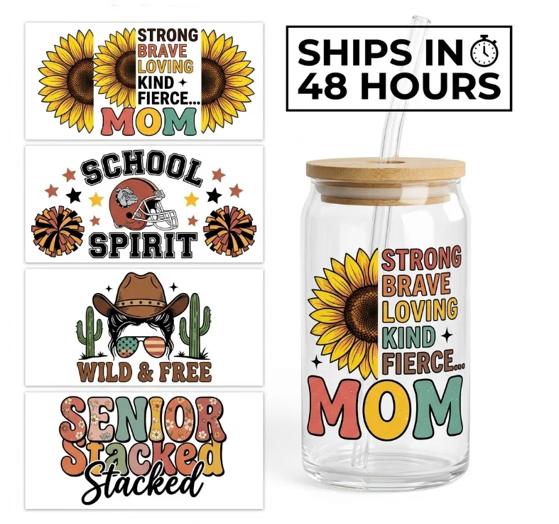 Premium Wholesale UV for PET Cup Wraps Mom Cold Printed Offset Printing Silicone Sticker Designs for Glass Cups Tumblers