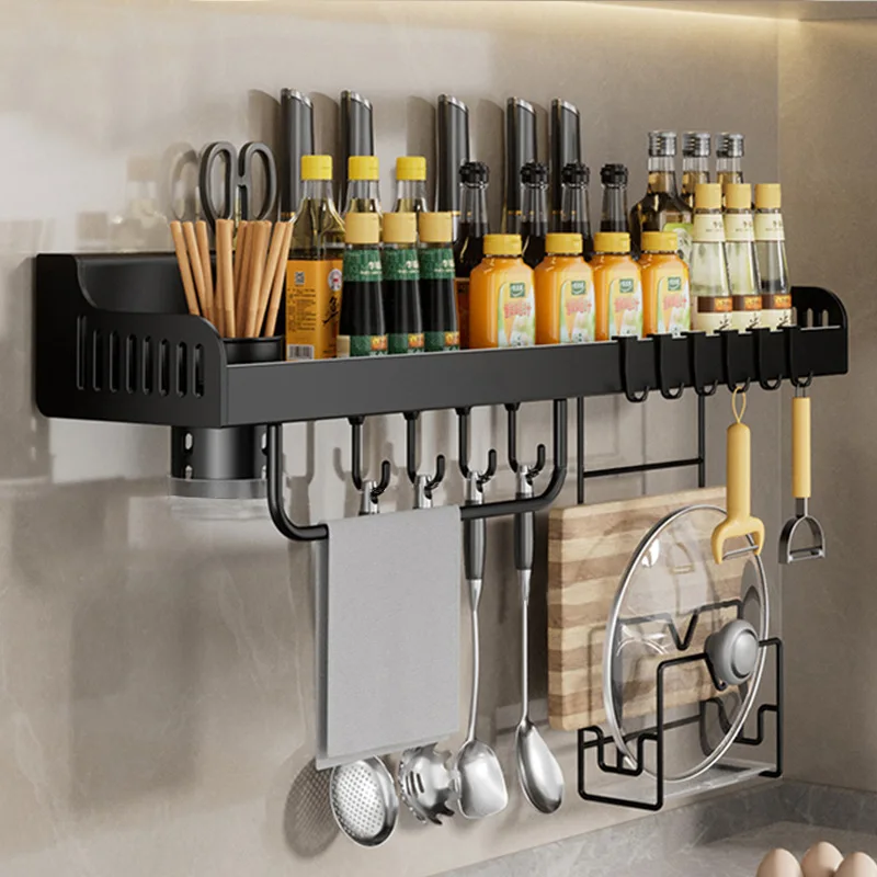 Home Use Gun Ash Kitchen Seasoning Chopstick Knife Rack Non-Punching Wall-Mounted Storage Shelf Multi-Functional Key Use