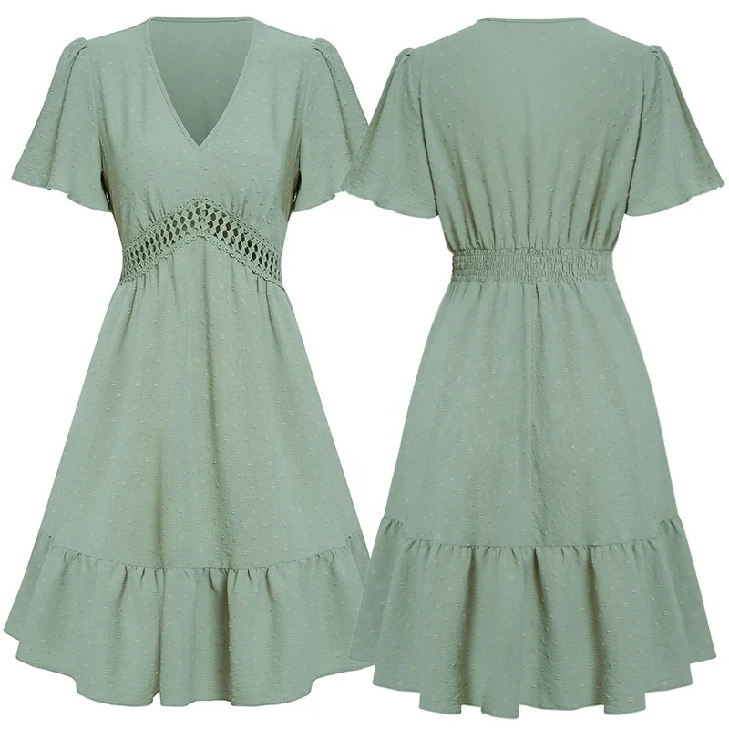 Vestito Donna Maxi Con Scollo A V E Manica Lunga - Vita Alta Con Puntini E Ruffles - Autunno/Inverno