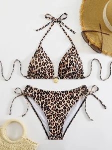 Factory Custom New Sexy Leopard Print Front Metal Two Piece Bikini Triangle Halter Swimsuit Women High Waist Thong Swimwear