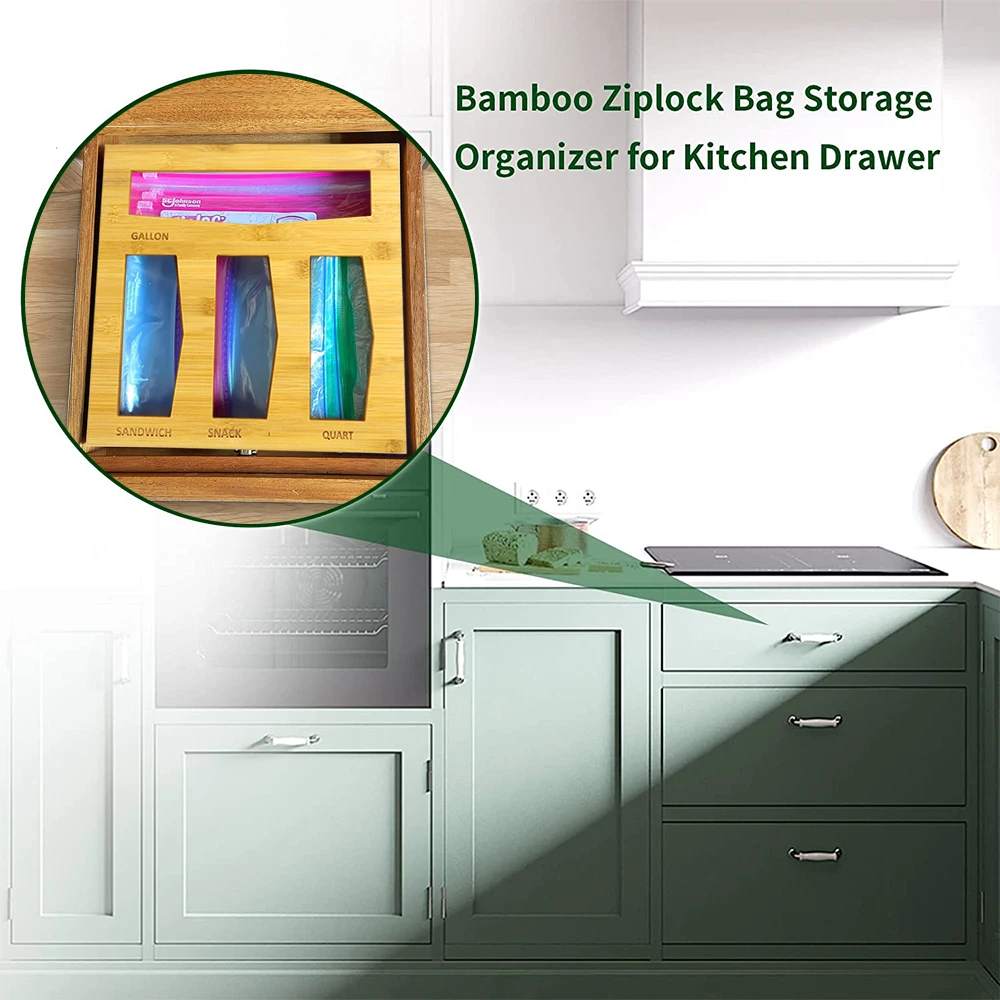 Бамбуковый Органайзер с застежкой-молнией для хранения сумок с крышкой, шкафом, выдвижными ящиками, совместим с галлонами, квартами, сэндвичами и закусками