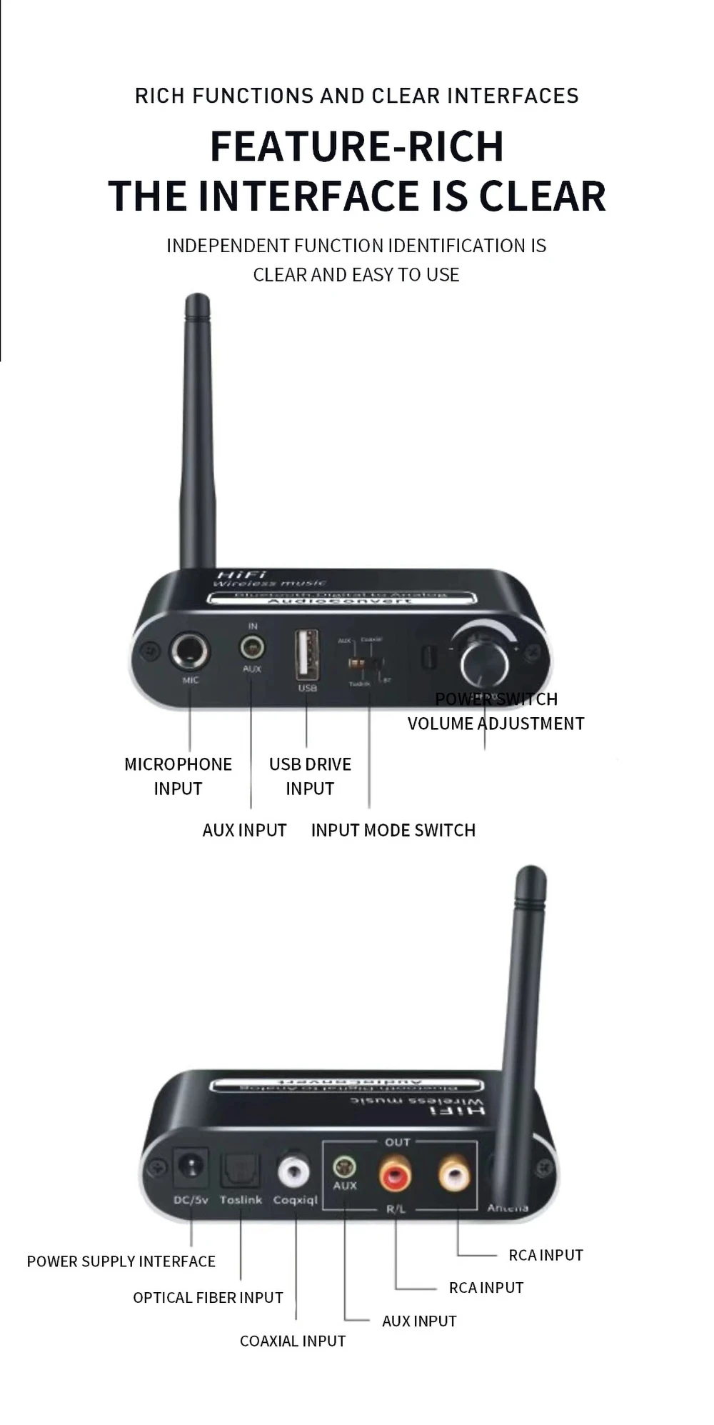 T02 Multifunction Home Audio DAC Bluetooth 5.1 Receiver Adapter With MIC Aux RCA Optical Coaxial Input Output