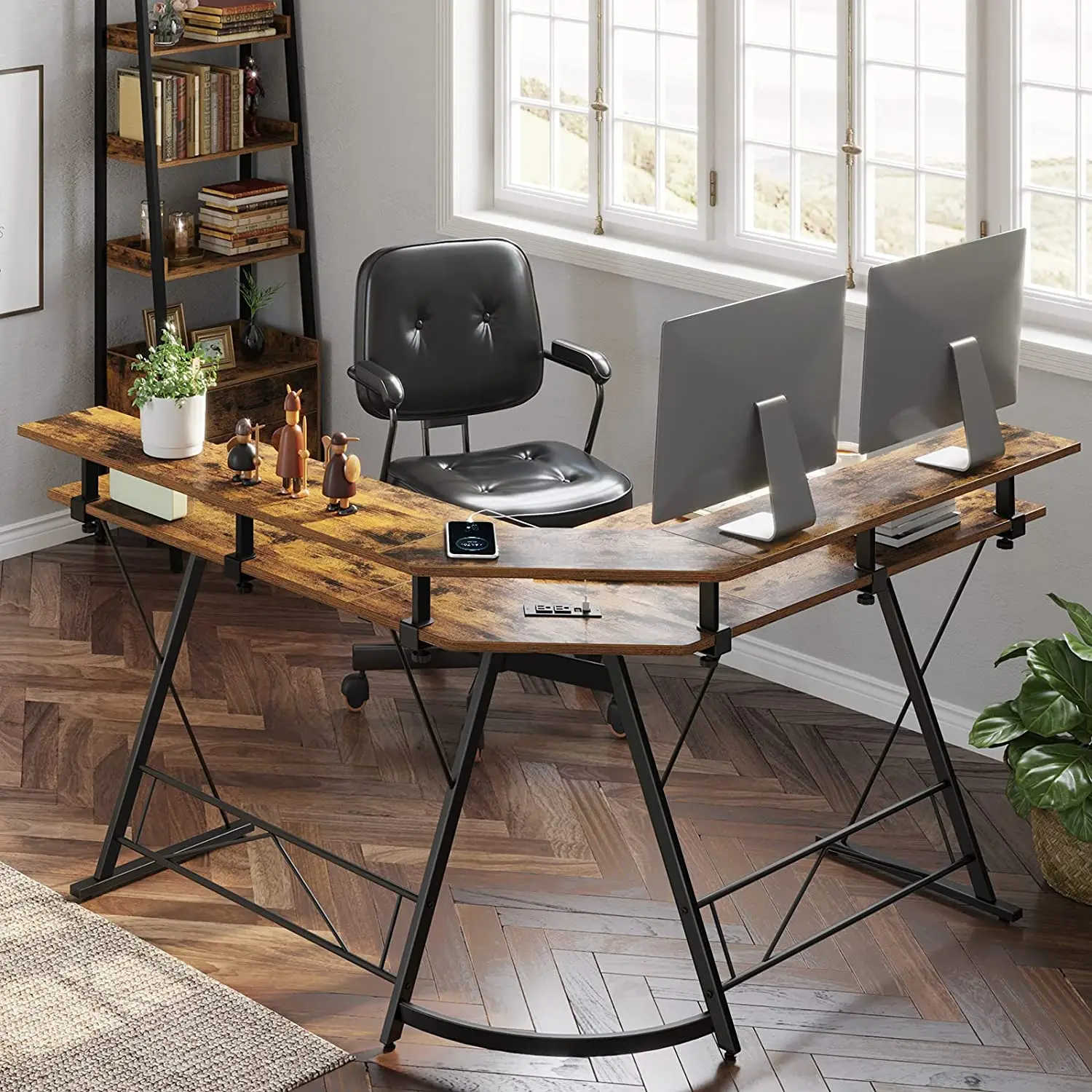 Corner Computer Office Table L-Shaped Computer Desk with Power Outlet Reading Writing Table