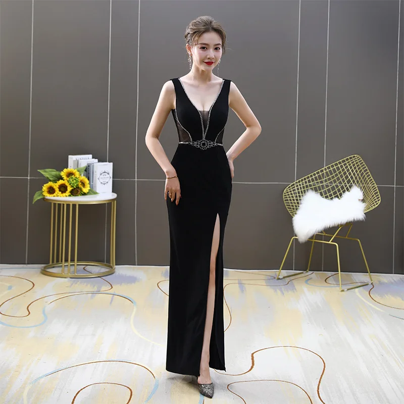 V Neck Trumpet 2020 Real Photo Custom Made Black Beaded Women's Plus Size  Evening Bridesmaids Dress Fashion Prom Dresses Gowns