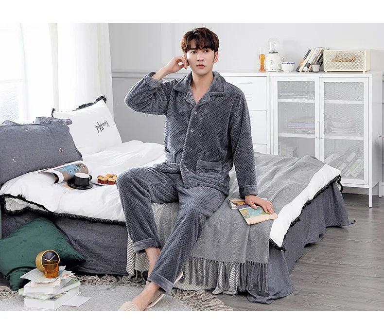 men pajamas cotton set warm winter