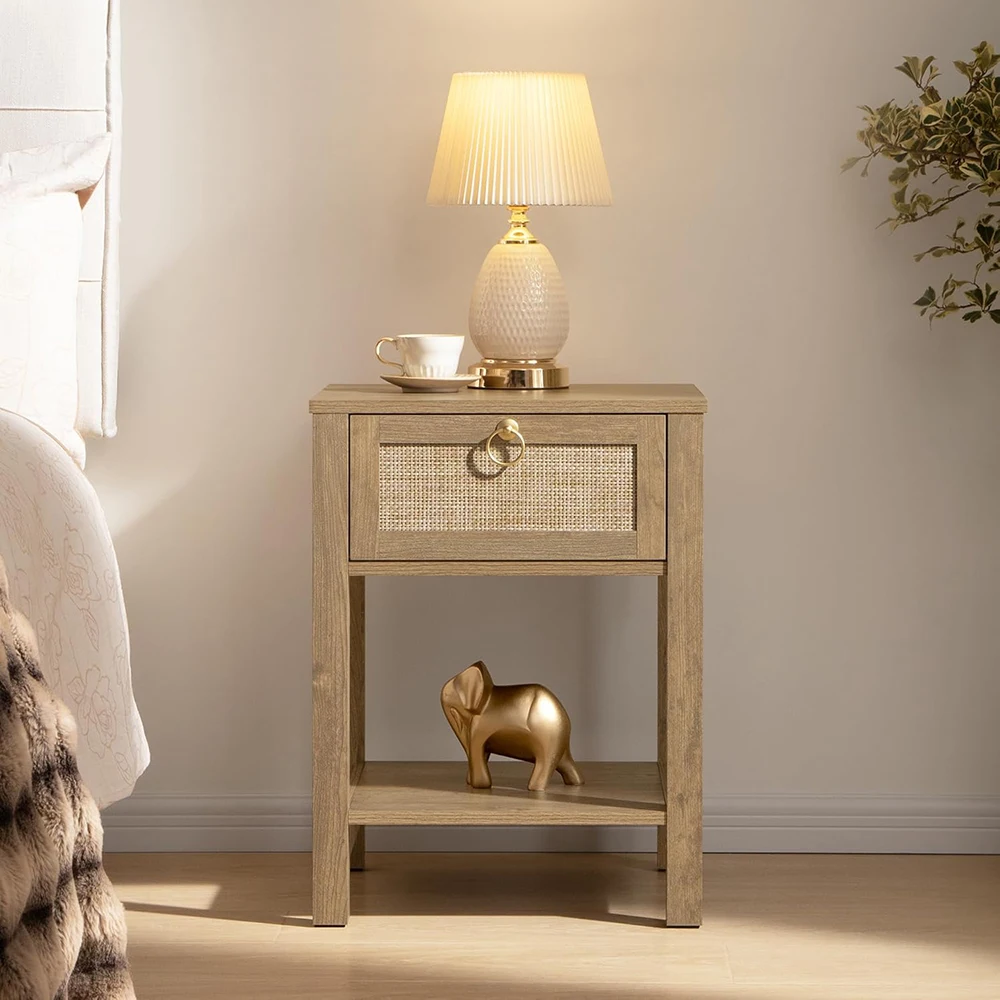 Modern Rattan Nightstand with Brass Knobs Bedroom Storage for Small Spaces Home Furniture