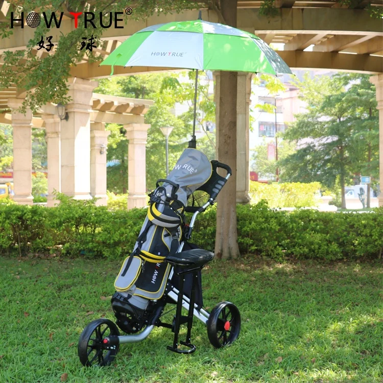 HOW TRUE Swivel Foldable 3 Wheel Golf Push Cart Foldable Aluminum Golf Trolley With Umbrella Stand