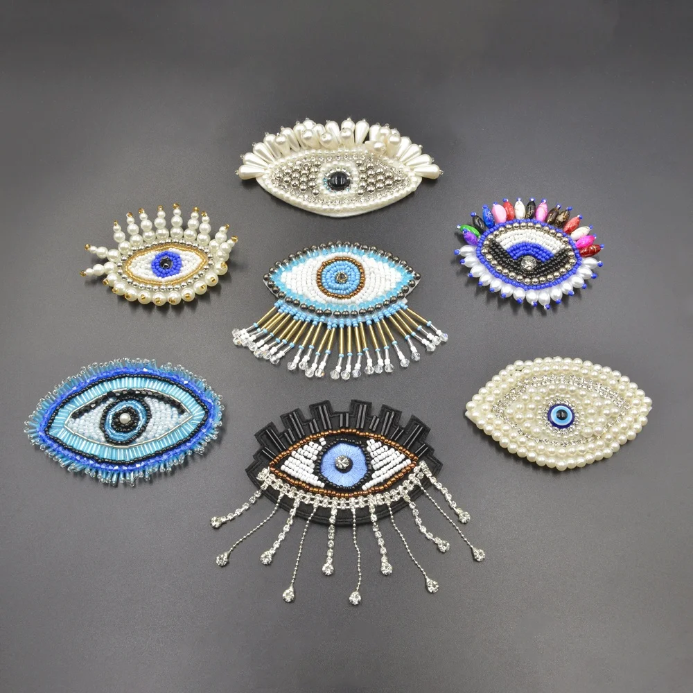 Handmade Beaded Patch Ready Stock Custom 3D Beads Eye Evil Sequence Applique Patches for Garment Bags