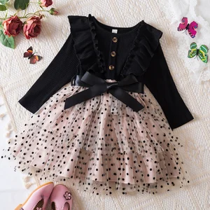 Girls Polka Dot Long-Sleeved Dress O-Neck Casual Princess Skirt Cake Skirt Dresses for Girls