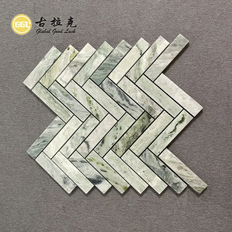 Interior Wall Tile Herringbone Design Green Marble Mosaic Tile for Interior Room