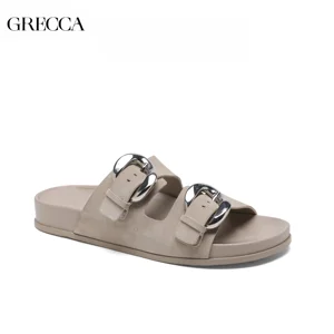 Customizable Women's Slippers Shoes with Double Metal Buckles Casual Comfortable Open Toe Flat Slides