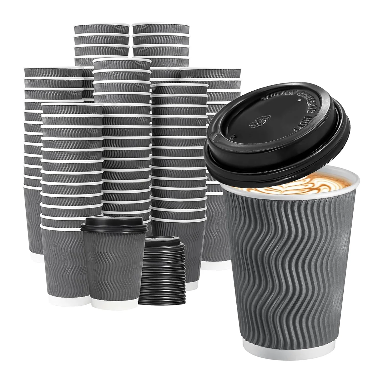 Custom logo Printing Cafe Takeaway 12oz 16oz Ripple Wall Takeaway Drink Paper Cup Packaging with Lid