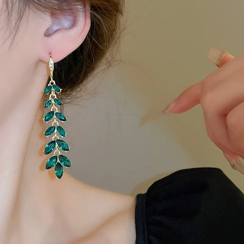 Fresh flash green leaf ear hook light luxury personality temperament earrings