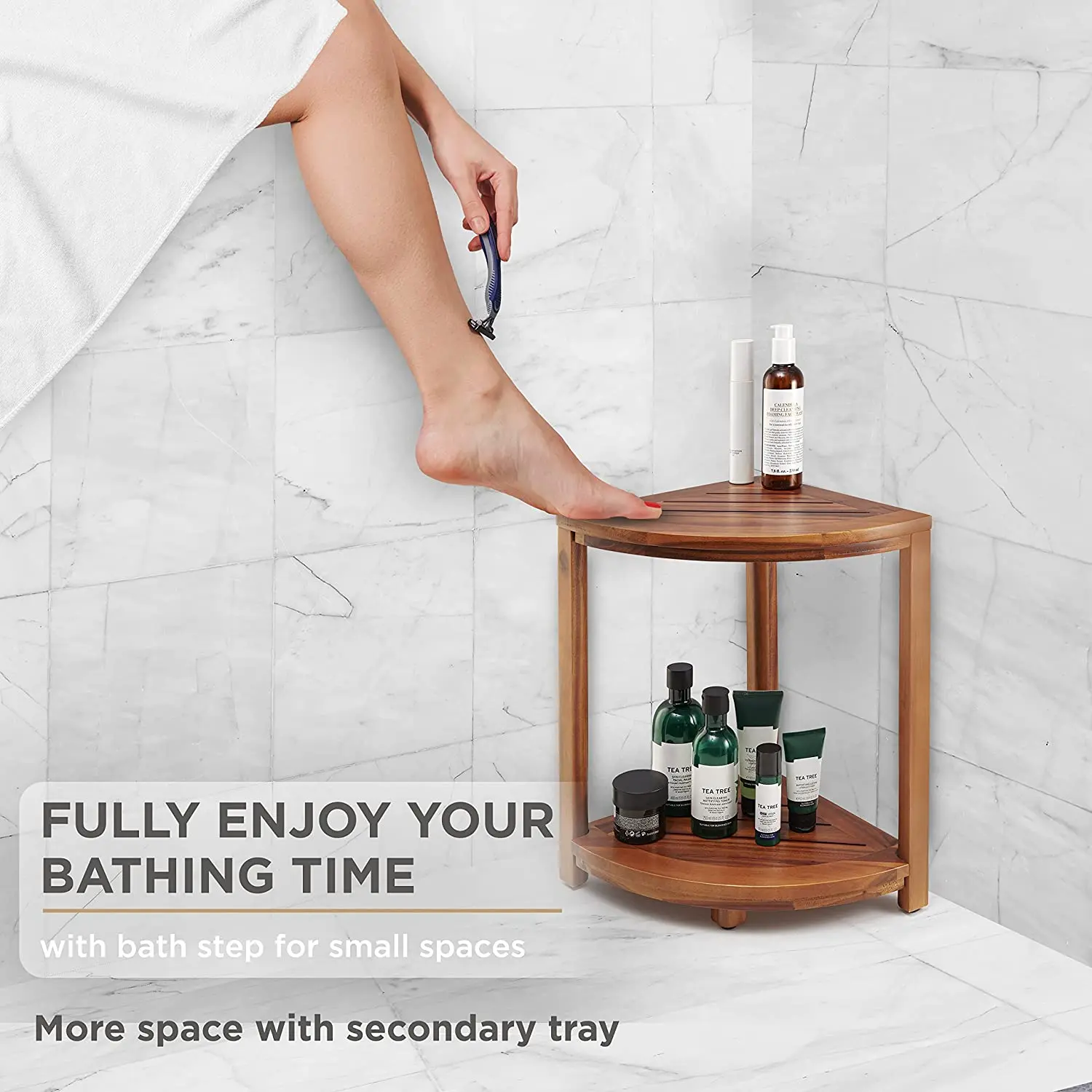 product modern acacia wood corner shower bench seat waterproof spa stool ottoman for bathroom home or hospital use handmade-3