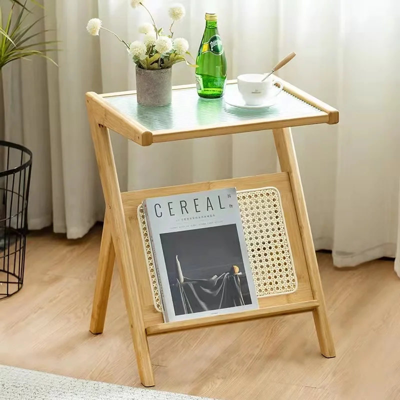 Home Furniture Rattan Coffee Table With Magazine Rack Glass Top