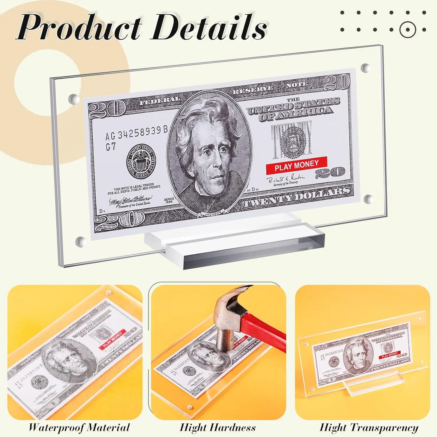 Soporte Acrílico Transparente Para Billetes De Dólar – Exhibidor De Doble Cara Con Imanes, Tamaño 19.5x9.5x2 Cm, Ideal Para Coleccionables Y Fotos