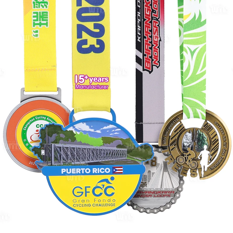 Medalha de Bicicleta Personalizada com Fitas, Projete Sua Própria Medalha Metálica para Ciclistas Concluintes, Medalha Esportiva em 3D com Esmalte