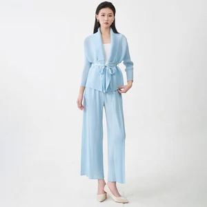 Wholesale Women's Clothing Women's Pleated Set Designer Lapel Top and Pants Set Miyake Casual Two-piece Set