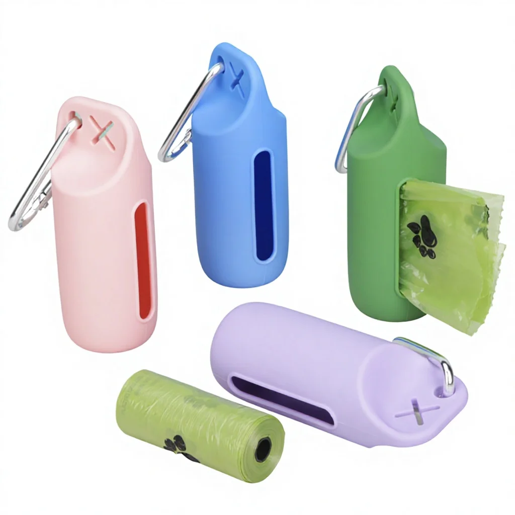 Caja de almacenamiento de bolsas para desechos de mascotas para uso al aire libre, soporte portátil para paseos con perro, manos libres, almacenamiento portátil de silicona con anillo colgante